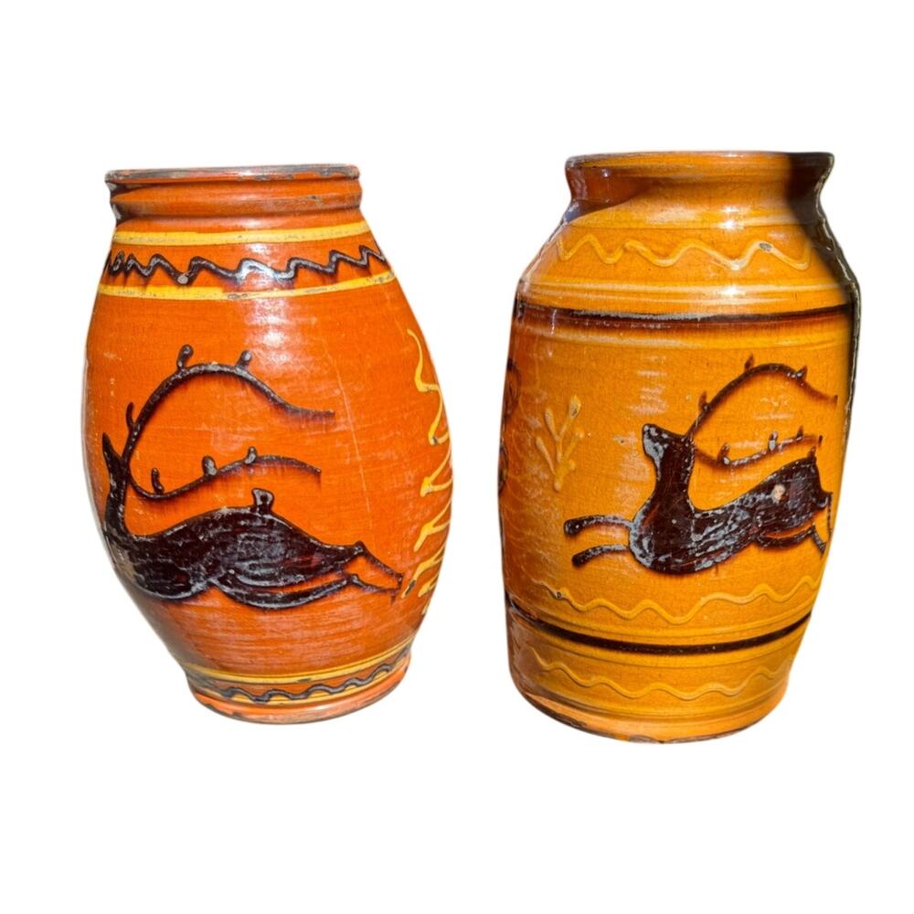 Rare Matching Pair Greg Shooner Redware Stag Vases Slip Trailed Folk Art Pottery